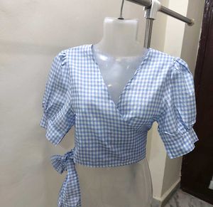 Blue Gingham Tie-Front Top