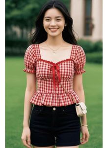 Red Gingham Puff Sleeve Top With Customised Lace