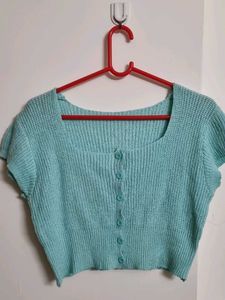 Blue Knit Button-Up Crop Top