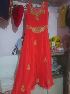Red &amp; Gold Embellished Anarkali Suit