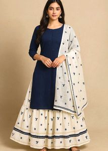 Navy & White Embroidered Kurta with Skirt & Dupatt
