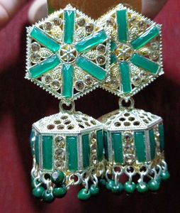 Green &amp; Gold Jhumka Earrings