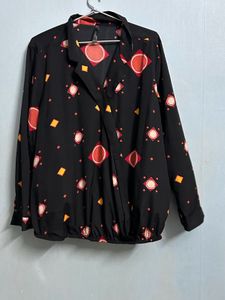 Geometric Print Black Crossover Wrap Shirt Top