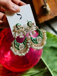 Green &amp; Pearl Chandbali Earrings