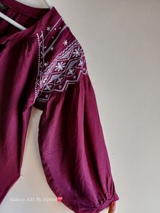 Magenta Colour Ballon Sleeves Top (XS/ S - Size)