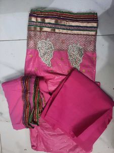 “New Unstitched Pink Cotton Suit with Thread Embro