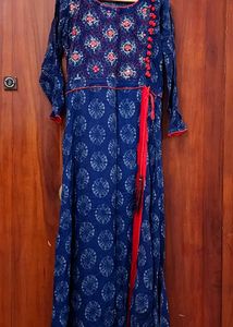 Blue & Red Tie-Waist Maxi Dress
