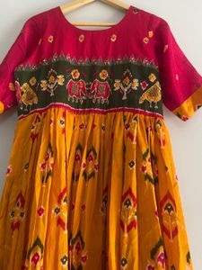 Ikat Print Long Frock With Embroidery Work On Top