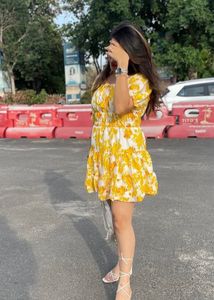 Yellow Floral Tiered Mini Dress
