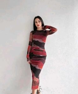Abstract Print Mesh Midi Dress