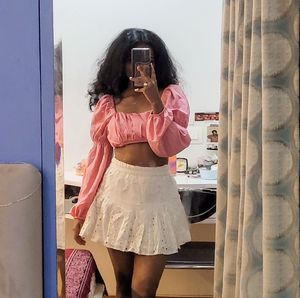 Pink Puff Sleeve Crop Top with Tie-Back Bow