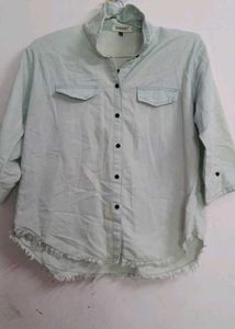 Denim Shirt with Frayed Hem,used