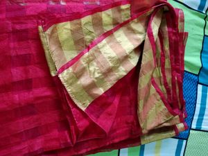 Cotton Red Saree With Golden Border