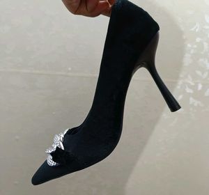M&amp;S Black Suede Heels with Chain Detail