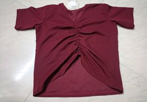 Burgundy Ruched V-Neck Tee