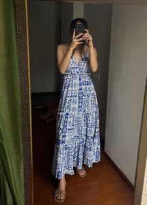 Blue-White Pattern Strappy Maxi Dress