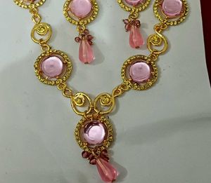 Pink &amp; Gold Tone Drop Earrings Necklace Set