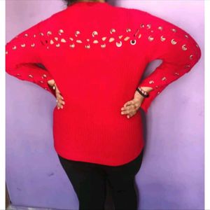 Red Woolean Top With Sexy Back Design