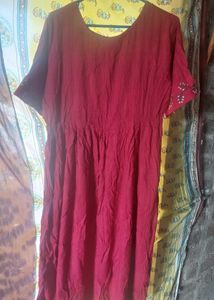 Maroon Cotton Dress with Embroidered Sleeves