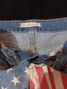 It Is An Original Bullhead Black Jeans Shorts. In Blue Color With American Flag Print.. Classic Jeans Shorts