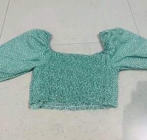 Green Shirred Puff Sleeve Crop Top