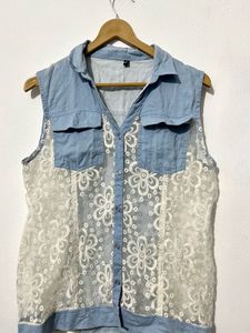 Denim & Lace Sleeveless Shirt Top