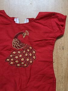 Kerala, Onam Top, Red Peacock Embroidered To
