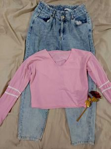 High-Waisted Mom-fit Jeans with free pink crop top
