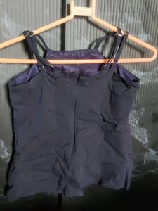Elegant Dark Blue Pearl-Trimmed Top