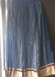 Blue Floral Lace Skirt with Gold Border