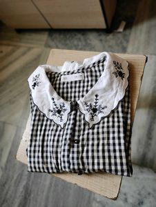 Zara Girls Gingham Embroidered Collar Top