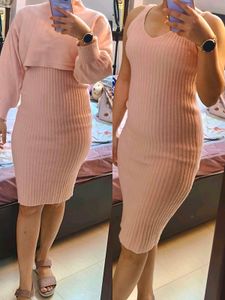 Women Pink Woollen Sheath Dress with Top