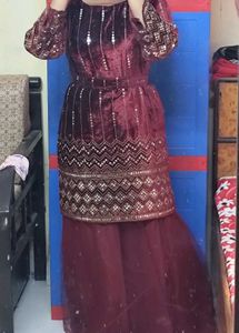 Elegant Maroon Velvet Embellished With Net Plazo