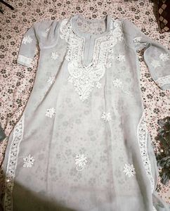 Grey Chikankari Kurti And Duppata Combo