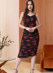 Popwings Women Printed v Neck Black Dress