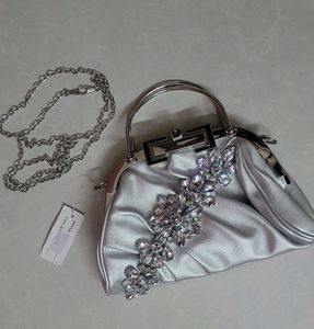 Beautiful Silver Clutch Cum Sling Bag