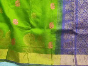 Silk Cotton Saree In Green And Purple
