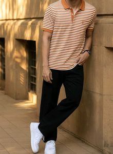 (Size~XL)Brown and white striped polo t-shirt🍋‍🟩