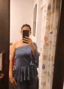 Grey And Glittery Self Designed One Shoulder Top
