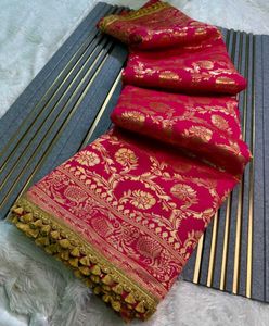 Maroon &amp; Gold Floral Banarasi Silk Sari