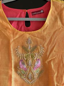 Yellow-Pink Embroidered Kurta