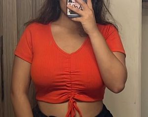Orange Ribbed Tie-Front Crop Top