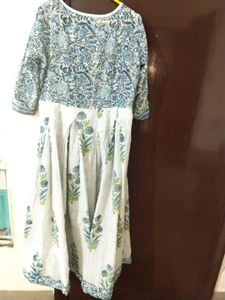 White And Blue Flower Gown With Anarkali Flair