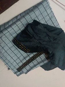 Silver Black Check Pattern Georgette Saree