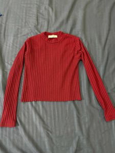 Red Ribbed Long Sleeve Top