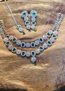 Emerald & Diamond Jewelry Set - Necklace, Earrings