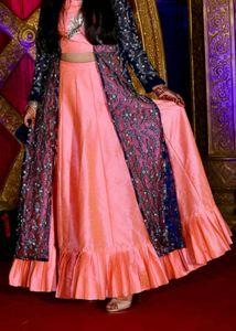 Peach Lehenga Choli With Blue Heavy Jacket