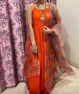 Women Orange Kurta Palazzos & Floral Dupatta