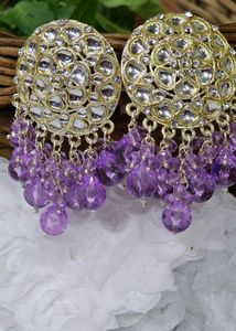 Golden Kundan With Light Purple Beads Earrings.