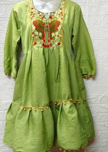 Green Dress With Red Embroidered Patch Work